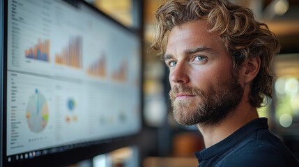 Focused Professional Analyzing Workflow and Digital Data Flowcharts