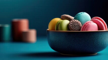 Colorful macarons arranged in blue ceramic bowl against teal background