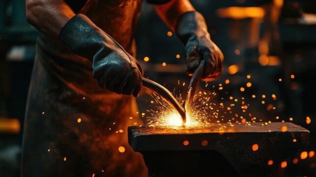 A blacksmith forging metal in an industrial workshop. Featuring heat and craftsmanship