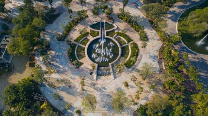 Aerial View of a Serene Garden Oasis with a Central Fountain