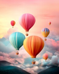 Obraz premium vibrant balloon photography Colorful hot air balloons soar over mountain landscapes, creating a serene and picturesque sky filled with vibrant colors.