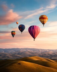 Fototapeta premium vibrant balloon photography Colorful hot air balloons soar over picturesque landscapes at sunset, creating a breathtaking view of adventure and freedom.