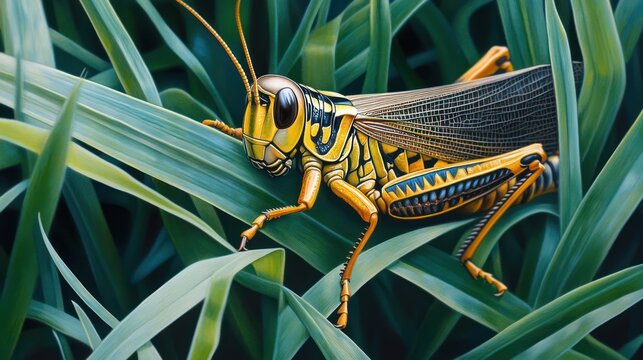 A detailed depiction of a grasshopper resting amongst green blades of grass