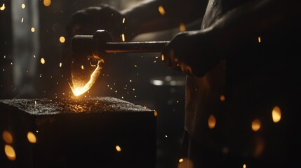 A blacksmith hammering a glowing horseshoe on an anvil. Featuring strength and craftsmanship