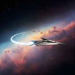 Obraz premium Spaceship flies over the futuristic city at night