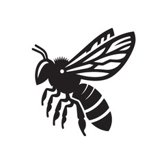 A black and white graphic illustration of a bee with detailed wings and striped abdomen design.eps
