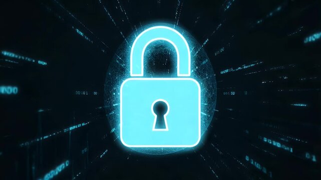 A glowing digital padlock symbolizing cybersecurity, surrounded by flowing binary code, representing data protection and encryption