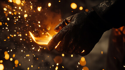 Smelter worker overseeing molten metal pouring into molds. Featuring intensity and precision