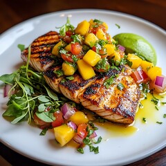 Grilled Salmon with Mango Salsa, Fresh Herbs, and Lime Garnish on White Plate