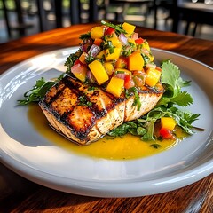 Grilled Salmon with Mango Salsa and Fresh Herbs on White Plate
