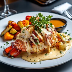 Grilled Lobster Tail with Creamy Sauce and Roasted Vegetables on Gourmet Plate