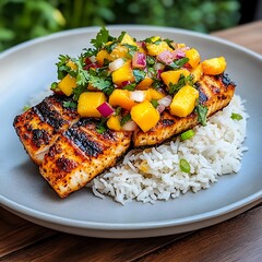Grilled Salmon with Mango Salsa and Cilantro Served on White Rice