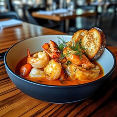 Seafood Stew with Shrimp, Lobster, and Vegetables Served with Toasted Bread in Gourmet Bowl
