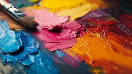 Fototapeta premium A macro shot of a palette filled with mixed acrylic colors, rich textures, artistic feel