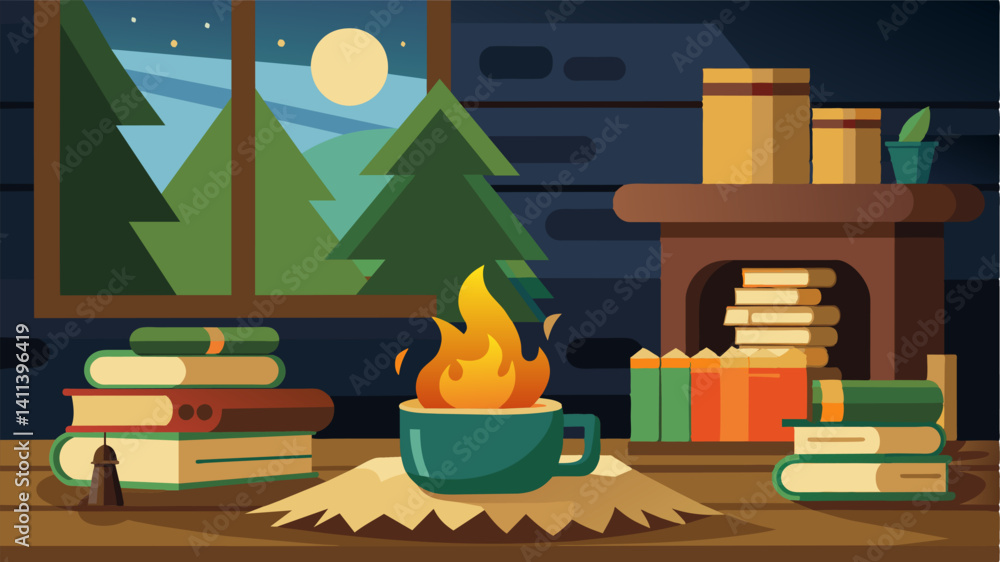 Poster a rustic cabin living room where a stack of coding books sits next to a roaring fireplace and a cup 
