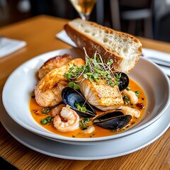 Seafood Bouillabaisse with Grilled Bread and Fresh Herbs in a Gourmet Restaurant Setting