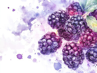 Fresh Blackberries with Watercolor Splashes and Artistic Background