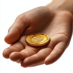 Fototapeta premium Giving moment hand donating coin open palm with digital storytelling holograms ,generative ai illustration