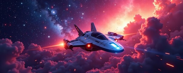 Futuristic spacecraft flying through spectacular nebula galaxy, cosmos, technology, travel