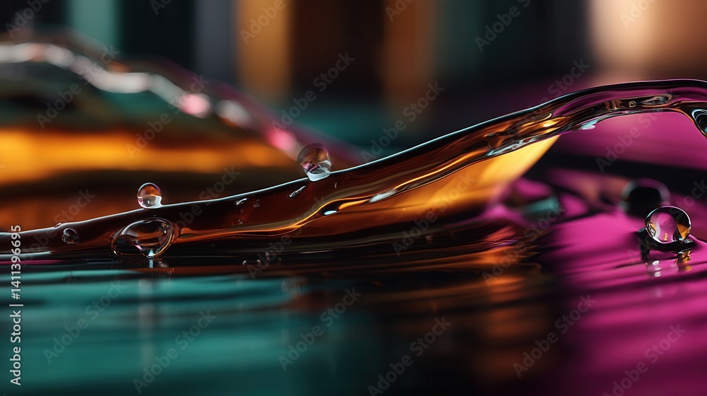 Poster mesmerizing liquid wave formation with water droplets in colorful macro setting