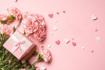 Fototapeta premium Pink Carnations, Gift, and Hearts: A Romantic Floral Arrangement