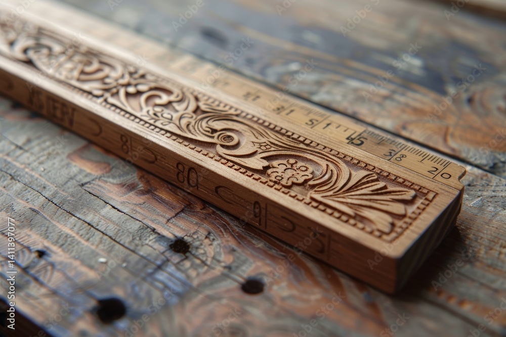 Aufkleber a close-up of a wooden ruler with intricate carvings and built-in stencils, resting on a weathered w
