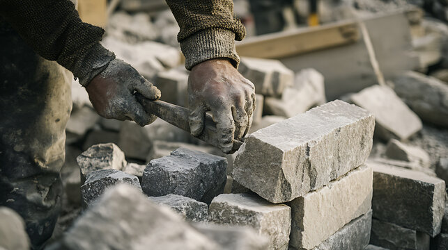 Stone mason chiseling granite for building construction. Featuring stonework and masonry