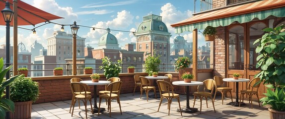 rooftop cafe with bistro tables and plants 3d render scene video game concept background illustration digital artwork