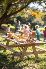 A wooden picnic table set with brunch dishes outdoors. Children run around while adults laugh together. The mood is playful and calm