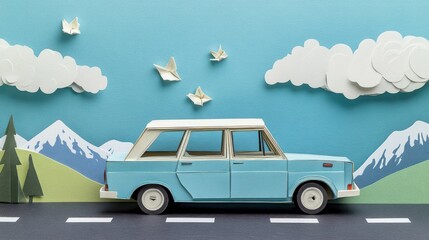 Paper car on road, landscape, origami birds