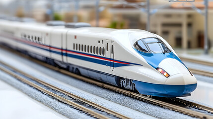 Fototapeta premium Sleek white and blue bullet train model on a textured track, blu