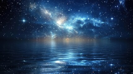 A mesmerizing night sky reflecting on tranquil water, filled with stars and cosmic wonders.