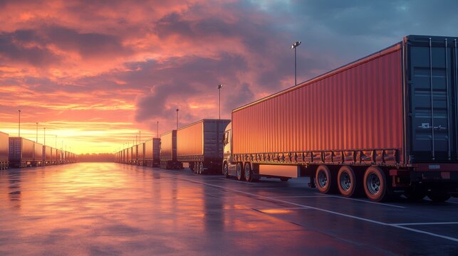 Trucks and Shipping Containers at Sunset