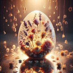 Elegant Glass Easter Egg Terrarium Containing Roses and Lavender with Warm Backlight and Reflection