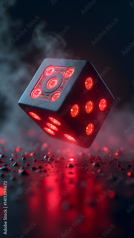 Poster a laser-cut dice floats in two perfect halves with glowing edges in a sci-fi lab. smoke reveals inte