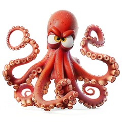Grumpy Cartoon Octopus Showing Eight Tentacles Against White Background