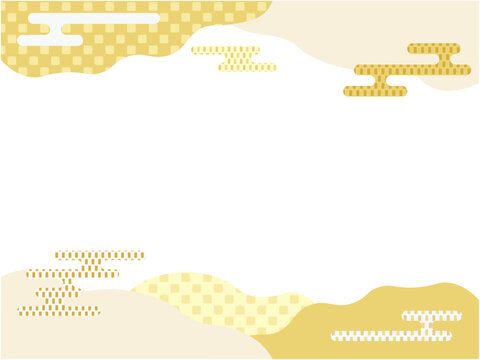 金色の和風ポップな波模様と和雲の囲み背景 横長