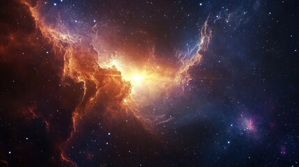 Fototapeta premium Stunning cosmic nebula with vibrant orange and purple hues illuminating the vast starry universe.