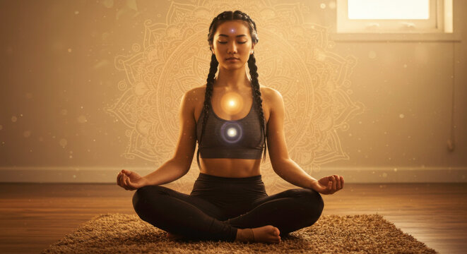 Woman in a yoga pose meditating with a glowing heart chakra in a peaceful room
