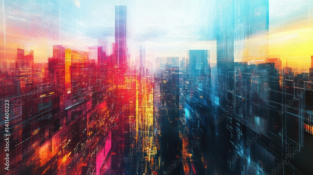Poster a vibrant metropolis rendered in an abstract expressionist style showcasing the intricate details an