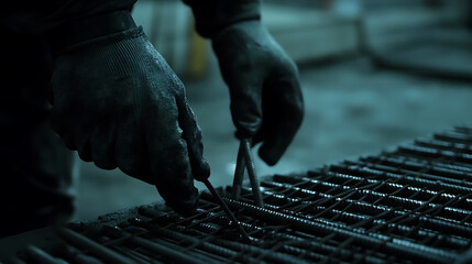 A construction worker preparing reinforcement bars for concrete pouring. Featuring precision and expertise
