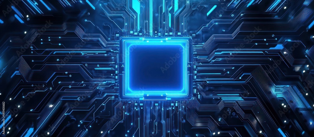 Poster conceptual futuristic motherboard illustration depicting circuit paths and electronic components for