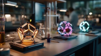 Creative geometric light sculptures in modern laboratory