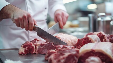 A butcher slicing fresh meat at a market counter. Featuring precision and food preparation