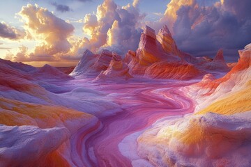 Colorful, sculpted landscape under a dramatic sky