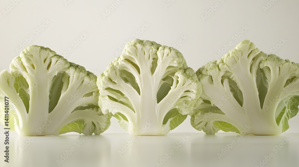 Poster three romanesco cauliflower florets, halved and displayed in a row against a white background. their