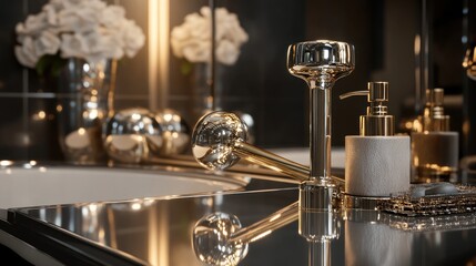 Luxurious bathroom accessories on mirrored vanity