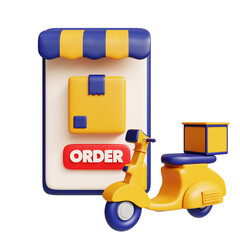 3d cartoon design illustration of Motorcycle shipping parcel boxes. Shopping and delivery service online.