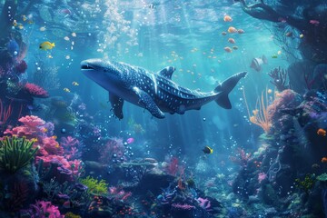 Obraz premium A whale shark swims through a vibrant coral reef, surrounded by colorful fish and bubbles, A magical underwater world filled with friendly sea creatures