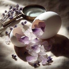 Cracked Easter Eggshell Revealing Amethyst and Quartz Crystals with Lavender and Magnifying Glass